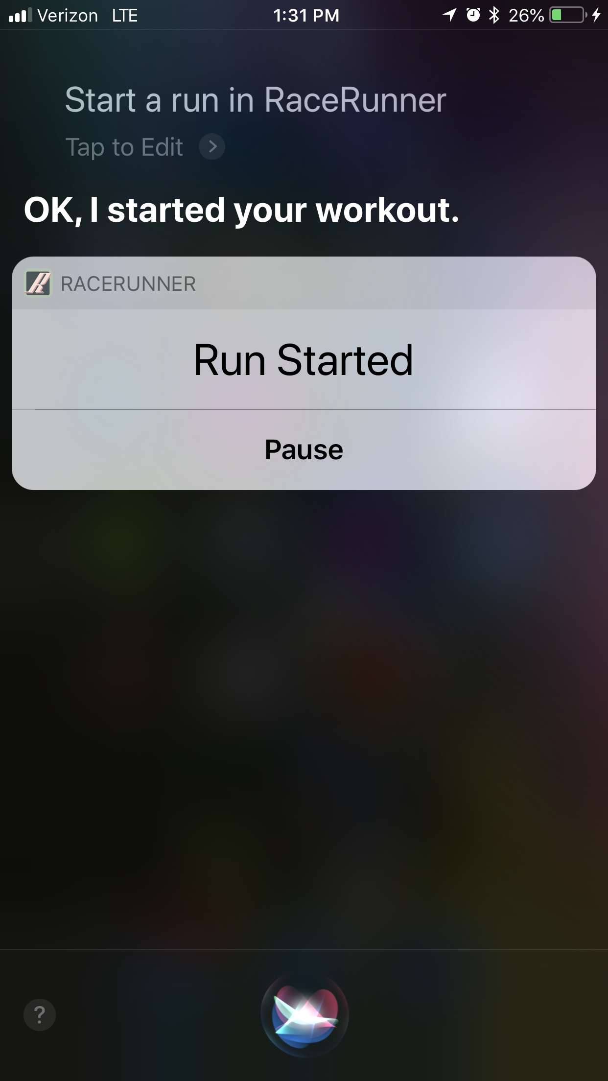 RaceRunner Workout Started with Siri