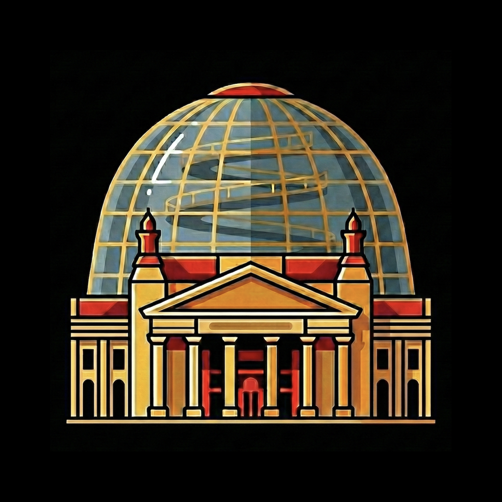 A stylized illustration of the German Reichstag building with its iconic glass dome, rendered in warm tones with geometric detail
