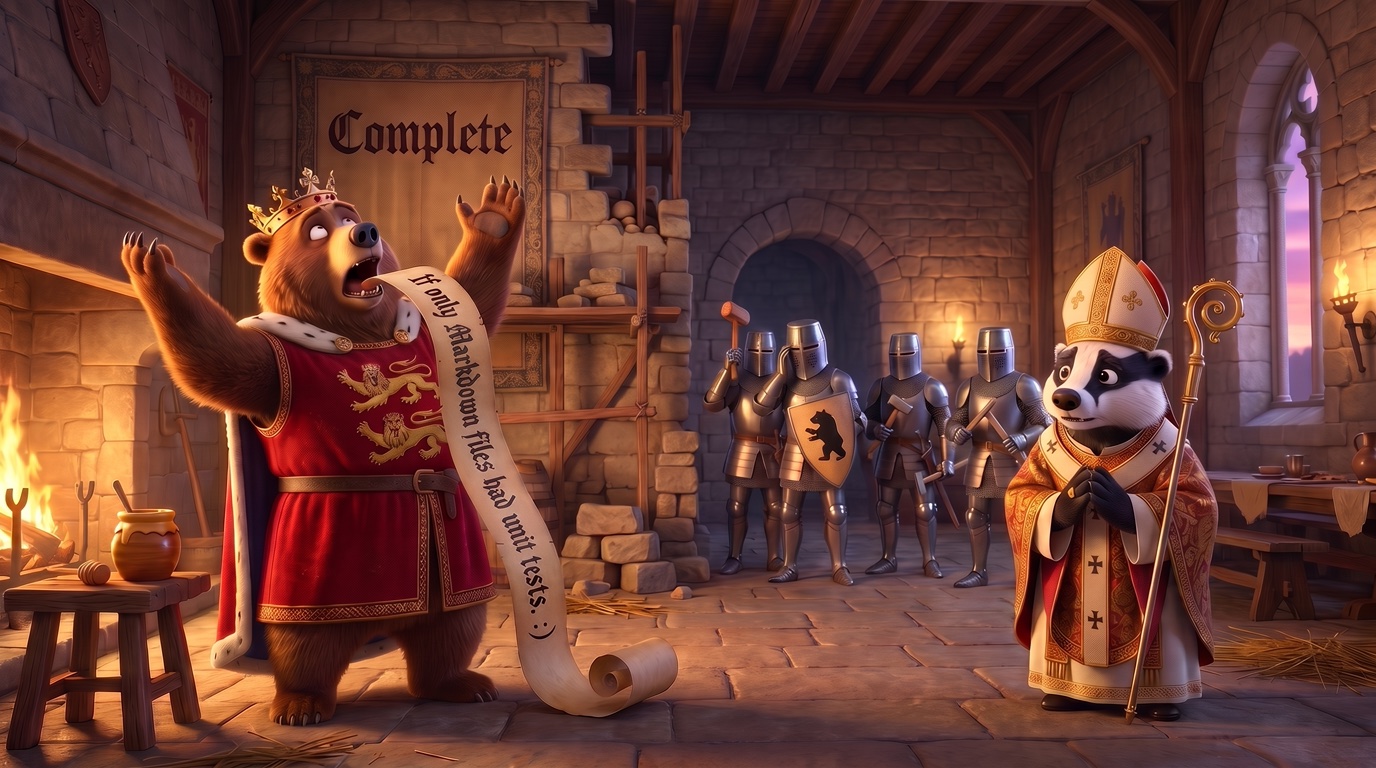 A cartoon medieval hall: a crowned bear in a red royal tunic exclaims while holding a scroll that reads 'If only Markdown files had unit tests. :)'; four armored knights stand in the background, one bearing a shield with a black bear on it; a badger dressed as an archbishop holds a crosier; a banner on the wall reads 'Complete'; a honey pot sits on a stool by the fire