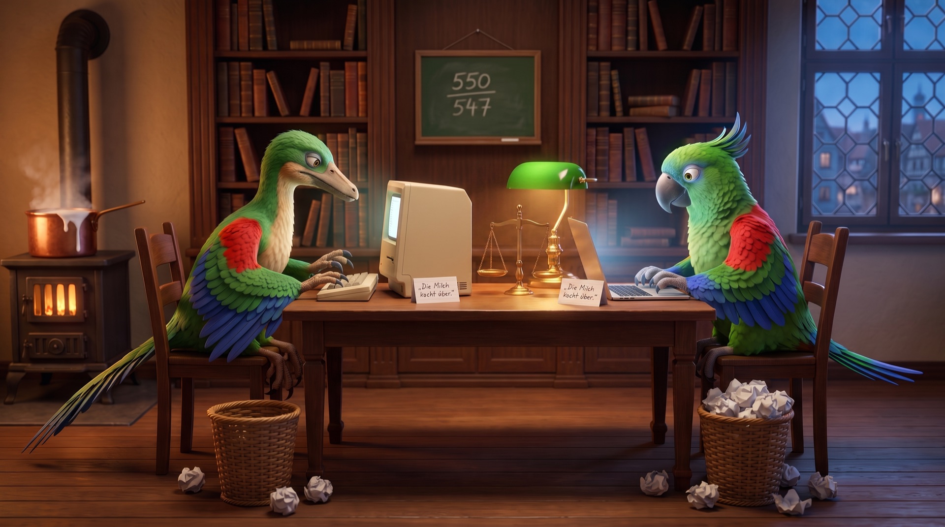 A glossy 3D cartoon set in a wood-panelled German study at dusk: an archaeopteryx and a parrot, in identical green, scarlet, and blue plumage, sit side by side at an oak table, each bent over a screen and typing. The archaeopteryx works at a 1980s beige compact Macintosh and the parrot at a modern aluminum laptop. An identical index card reading „Die Milch kocht über.“ lies in front of each bird, and a brass balance scale hangs level between them beneath a green banker's lamp. The parrot's wastebasket overflows with crumpled drafts while the archaeopteryx's is nearly empty. A copper pot of milk boils over on a stove behind them, and a chalkboard on the wall reads 550 over 547.