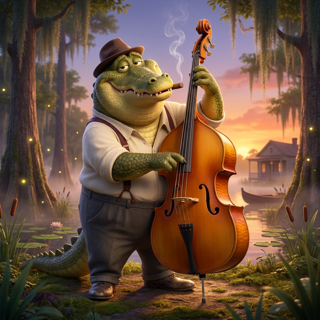 A friendly alligator plays “Fables of Faubus” by Charles Mingus.