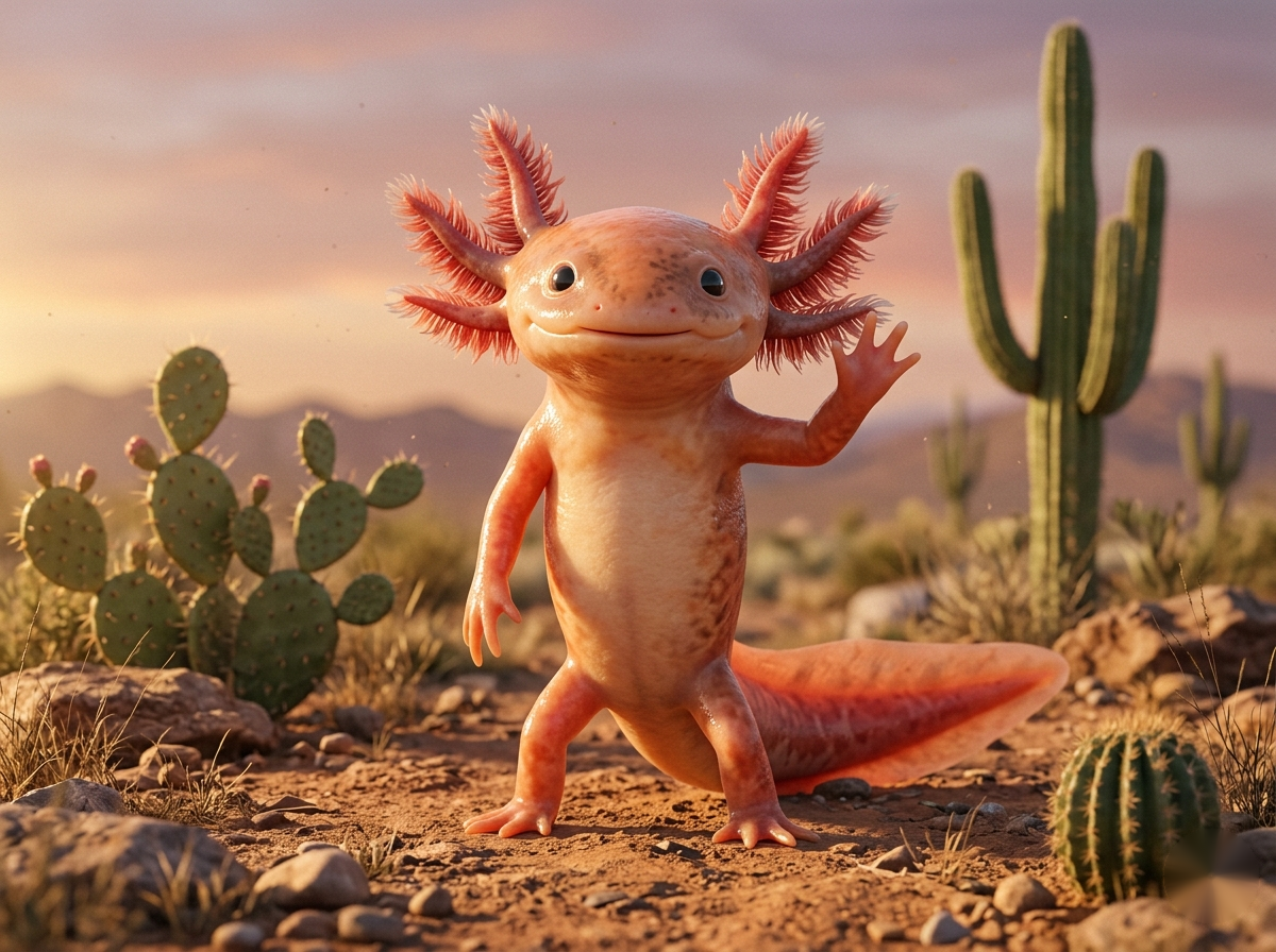 A coral-pink axolotl with feathery gills, standing upright on the desert floor amid cacti, lit by warm sunset light