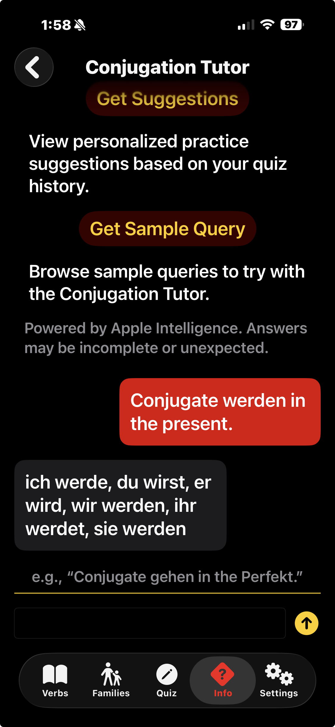 The Conjugation Tutor after the fix: assistant responses appear inside visible dark-gray bubbles on a pure-black background, making the conversational structure legible
