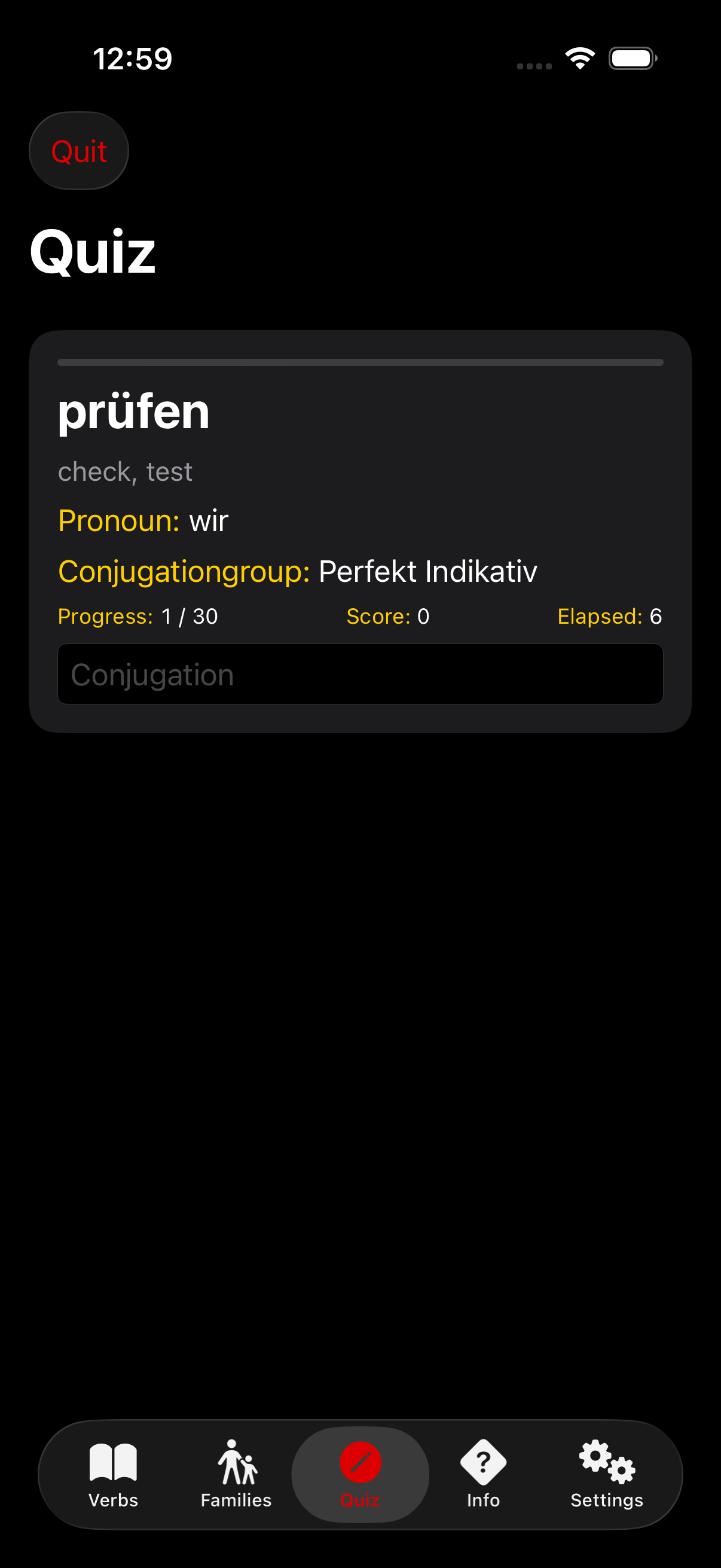 The Konjugieren quiz screen after the audit: quiz content framed inside a rounded card on a secondarySystemBackground fill, with a yellow progress bar across the top of the card and the verb infinitive rendered at title weight