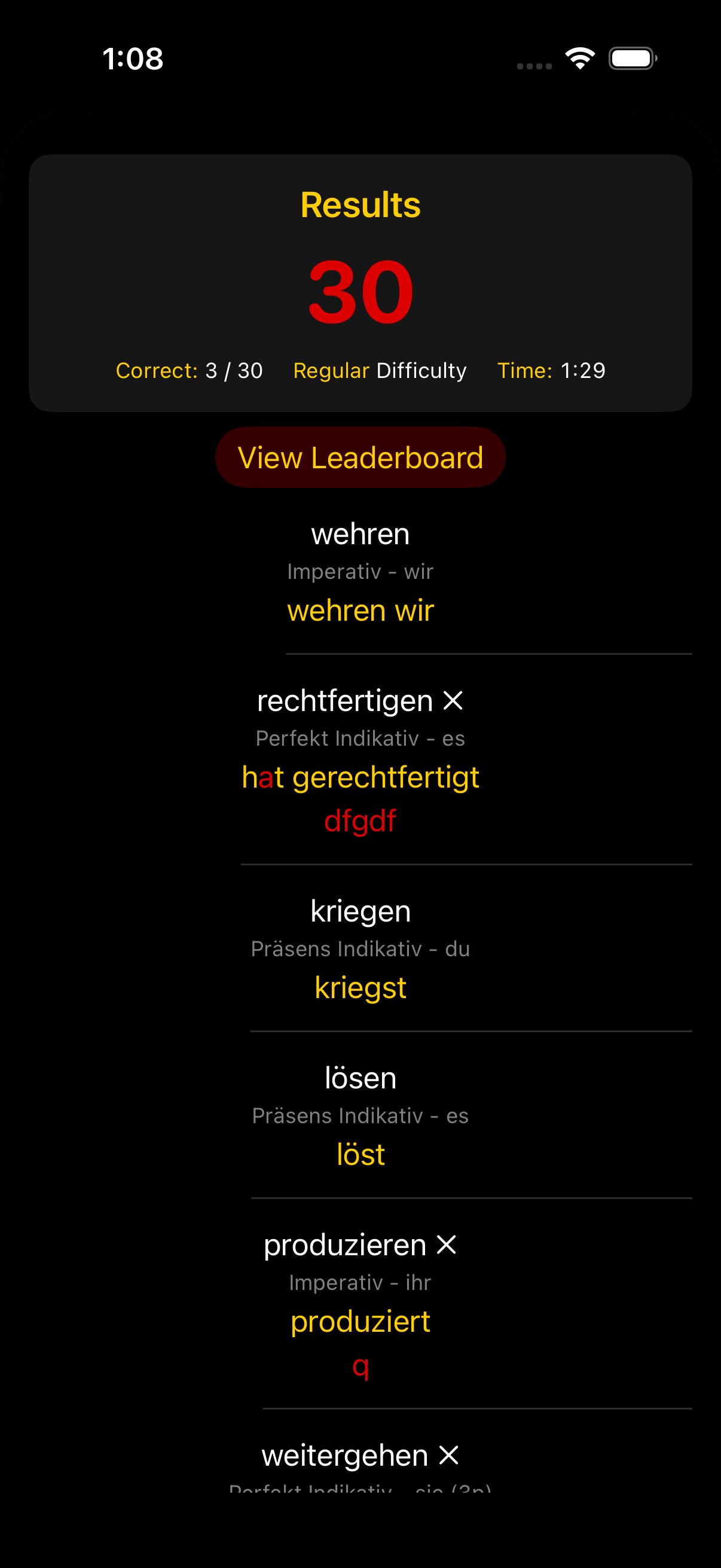 The Konjugieren quiz-results screen after the audit: the percentage score appears at 48 points in SF Pro rounded, color-coded green for strong performance, with a count-up animation from zero