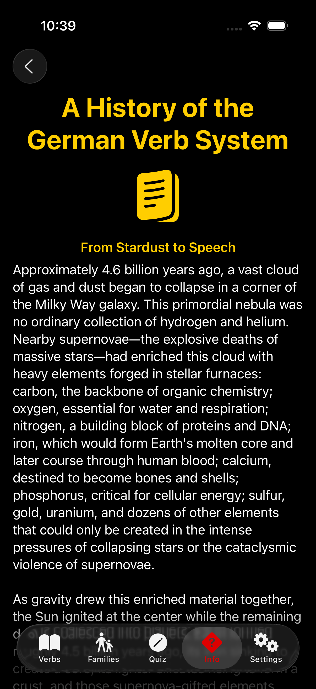 The Konjugieren article-detail screen before the audit: the essay title uses the same font as the navigation chrome and the body text stretches full-width on iPad