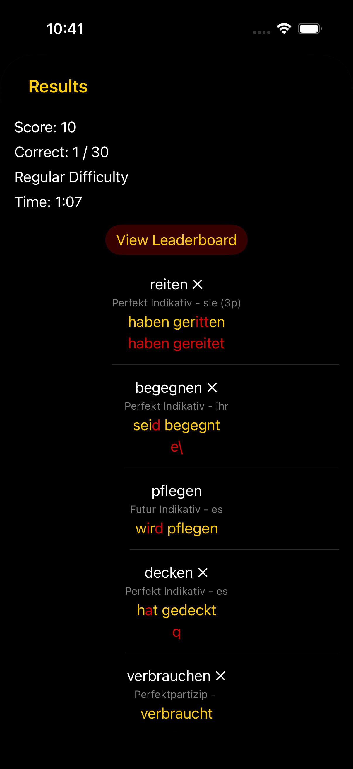 The Konjugieren quiz-results screen before the audit: the score is one labeled line in a scrolling list
