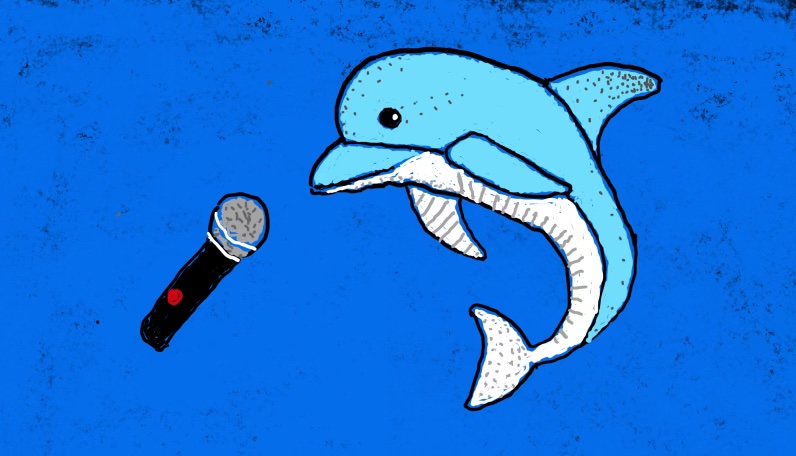 friendly dolphin speaking into Shure SM-58 microphone