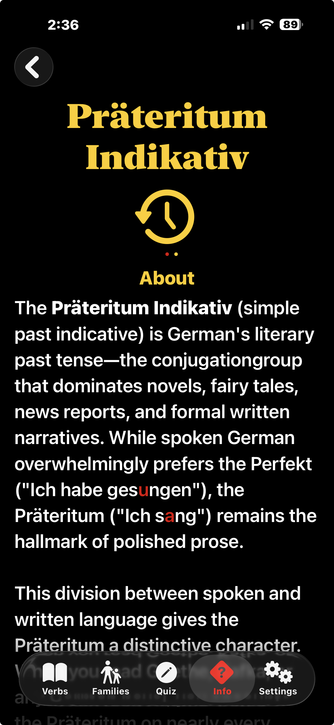 Screenshot of the Konjugieren app showing the Präteritum Indikativ essay, with the irregular vowels in 'gesungen' and 'sang' rendered in a distinct color