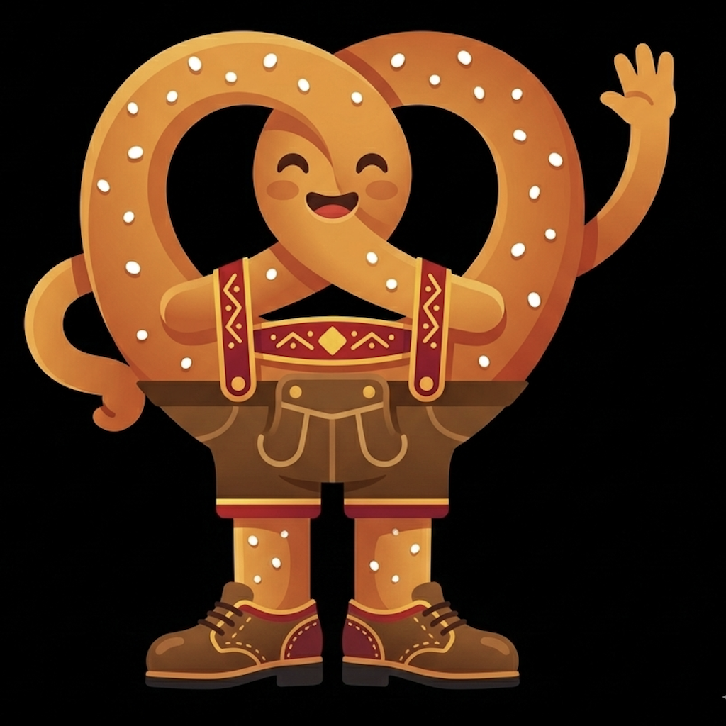 A cheerful pretzel character wearing traditional Bavarian lederhosen and waving, the mascot of the Konjugieren German verb-conjugation app